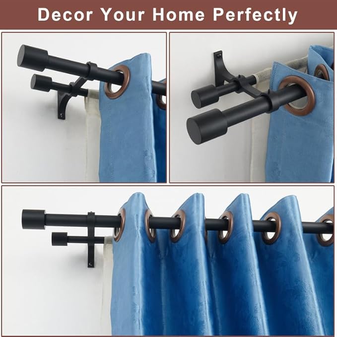 Double Curtain Rods for Window 72 to 144 Inch (6-12ft), Matte Black Double Drapery Rod, Heavy Duty 1 Inch Front and 5/8 Inch Back Decorative Dual Window Rods with Cap Finials