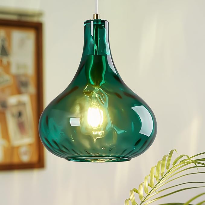 Modern Glass Pendant Light 9.44 in Green Hammered Glass Shade Gold Farmhouse Island Pendant Lights for Kitchen Pendant Lighting Over Sink Bedroom Dining Room