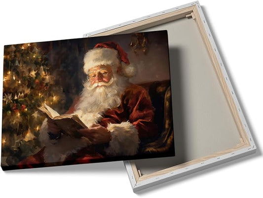Victorian Christmas Canvas Wall Art,Vintage Painting of Santa Claus Reading a Book Under Christmas Tree, Winter Holiday Print, Holiday Season,Christmas Library Reading Room Decor16x24inch Framed Art