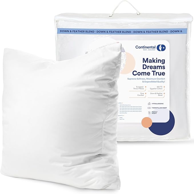 Continental Bedding | 10/90 Down and Feather Throw Pillow Insert | 100% Cotton 250TC Shell | Medium Loft Decorative Cushion | 18x18 | 1 Pack