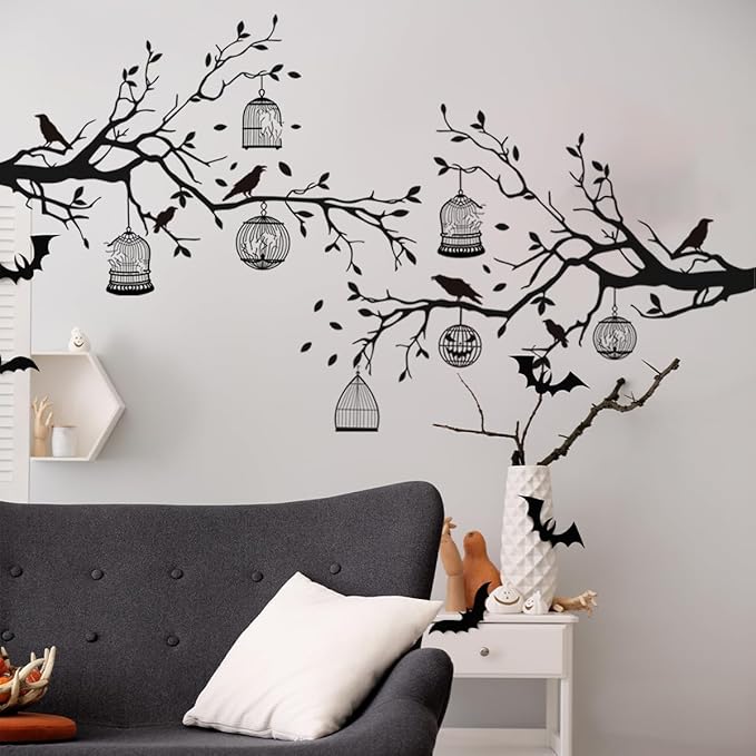 2 Sheets Halloween Gothic Wall Decals - Removable Raven Stickers, Black Crow Cage Decorations, Double Sided Design PVC Art Decal for Living Room Decor