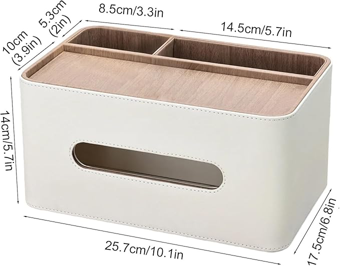 PU Leather Tissue Box Cover Rectangular with Storage Organizer, Multifunctional Remote Control Holder, Desk Organizer for Living Room, Bedroom, Office, Decorative Tissue Holder with Compartments Beige