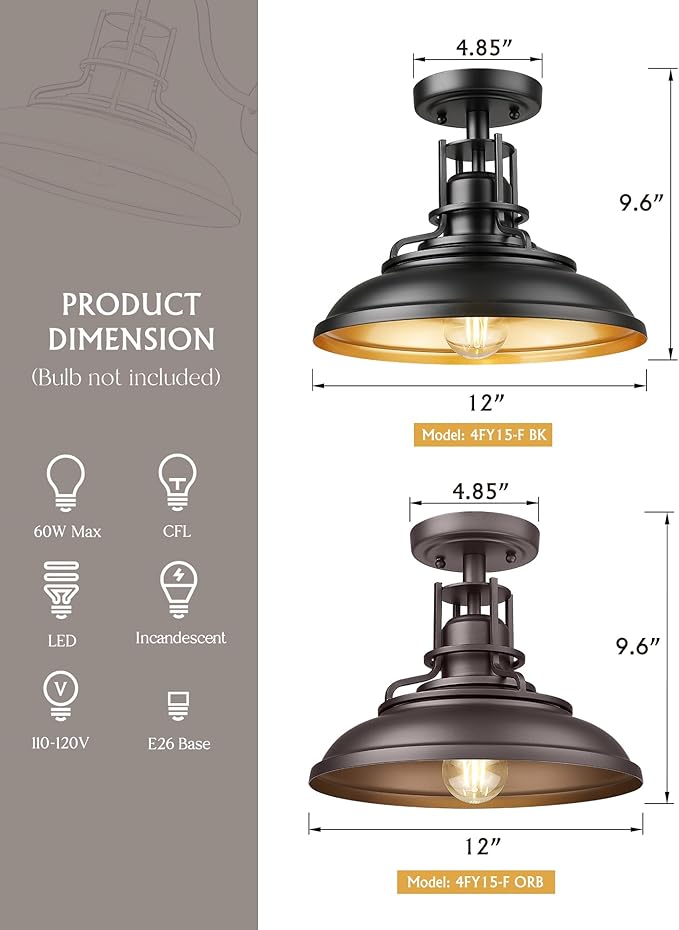 FEMILA 1-Light Semi Flush Mount Light Fixture, 12" Farmhouse Outdoor Ceiling Light for Hallway, Porch, Laundry, Foyer, Oil Rubbed Bronze Finish, 4FY15-F ORB