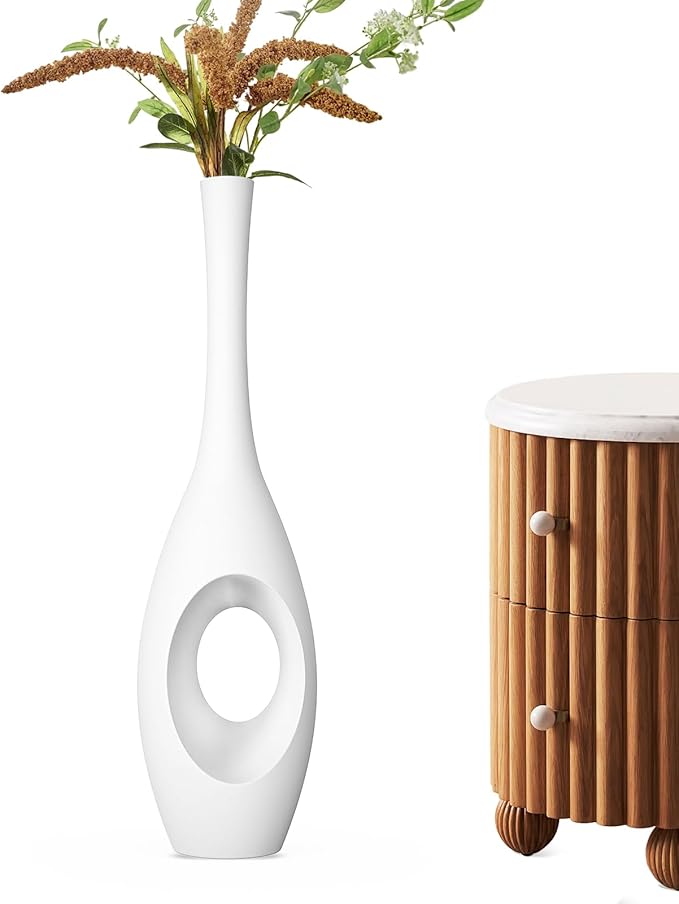 23.6" White Tall Floor Vase – Donut-Shaped Oval Body with Slim 3cm Neck, Modern Tall Decorative Vases for Living Room, Entryway, Office Decor – Resin Floor Vase