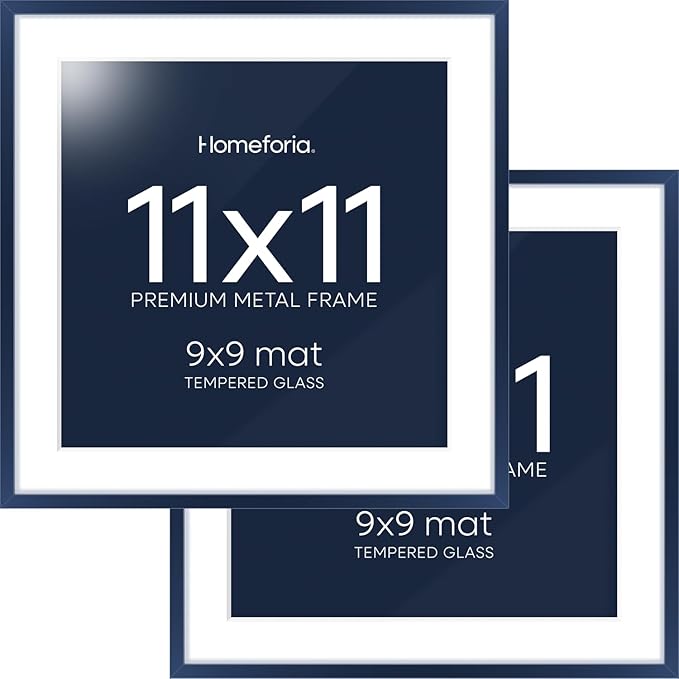 Homeforia 11x11 Navy Blue Picture Frame, High End Metal 11 by 11 Square Frames with Mat 9 x 9 Photo, 11by11 Poster Frame Matted to 9x9 inch Art, Wall Hanging Frames, Tempered Glass, Wall Kit, Set of 2