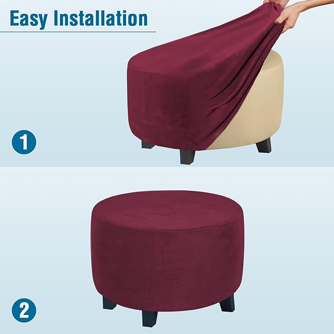 H.VERSAILTEX Round Ottoman Slipcover Ottoman Covers Slipcover Footstool Protector Covers Storage Stool Ottoman Covers Stretch with Elastic Bottom, Feature Real Velvet Plush Fabric (Medium, Burgundy)
