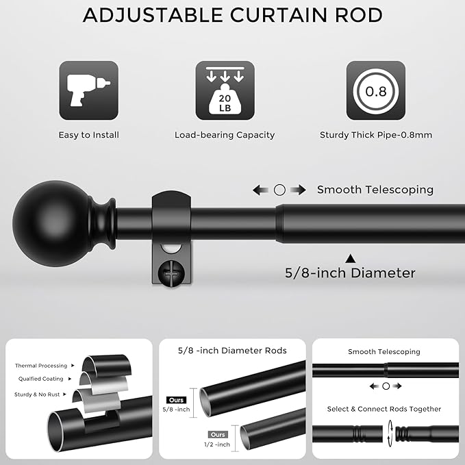 Black Curtain Rods 48 to 84 Inches(4-7 Feet),5/8 inch Splicing Drapery Rods,Small Curtain Rods Set,Size: 36''-88'',Matte Black