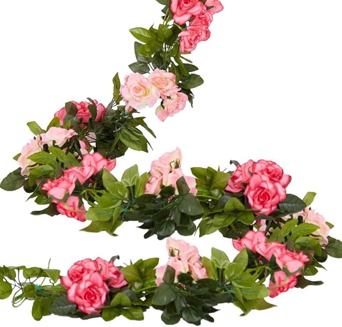 4 Pack(28.8 Ft) Artificial Silk Rose Flower Vines Fake Garland for Backdrop Hanging Garlands Decoration Wedding Arch Room(Rose Red)