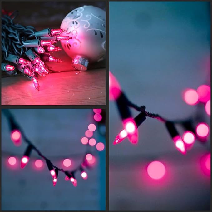 YULETIME Pink LED Christmas Lights 200 Count 50 ft, Pack of 2 Strands 25 ft 100 Lights UL Certified String Light Set (Pink)