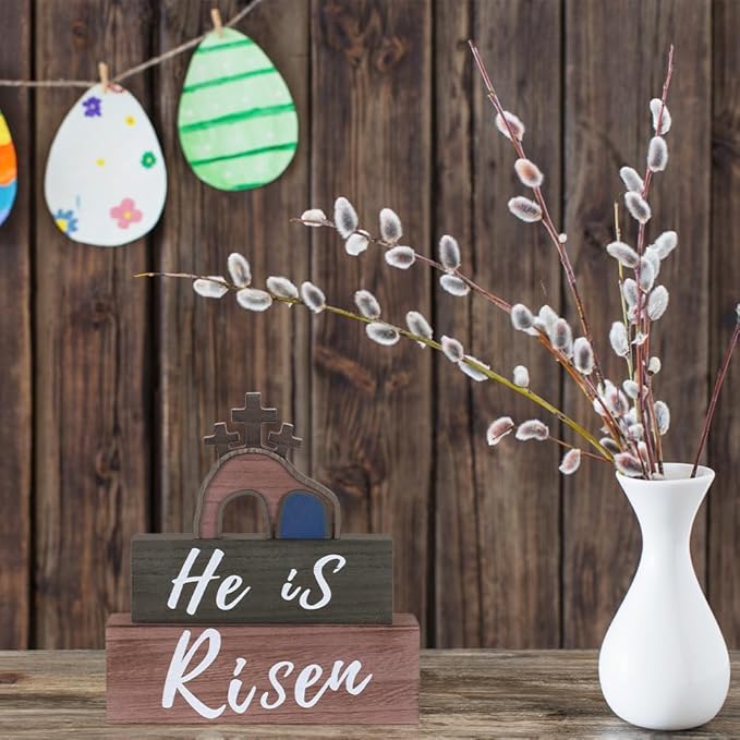 Easter Decorations, MEETYAMOR 3-Layered He is Risen Sign Cross Gifts Wood Block Easter Decor, Empty Tomb Scene Decorations Indoor for Home, Living Room, Tables, Mantel
