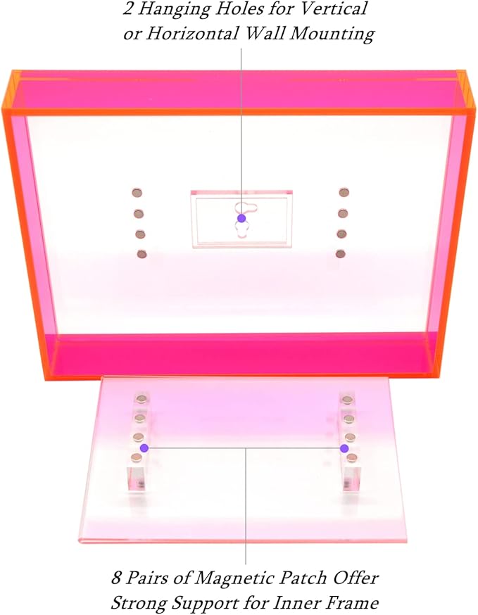 5x7 Acrylic Picture Frame Neon Floating Photo Frame for Wall Mount and Tabletop Decorative in Gallery Home Office, Neon Pink