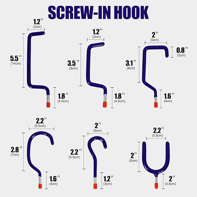 Garage Hooks Heavy Duty, 12-Pack Mixed Utility Garage Hooks, Wall Mounted Steel Tool Hangers for Garage Wall Organizer, Hold Ladders Tools Bikes (Blue, 6 Type & 12 Pack)