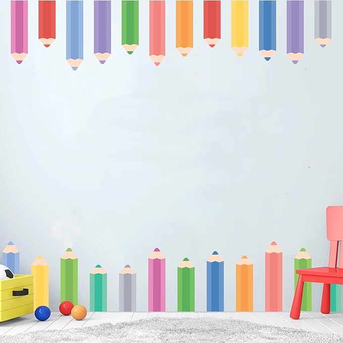 Colorful Pencils Wall Stickers, Rainbow Penceils Wall Decals, Peel and Stick Removable DIY Large Educational Corner Wall Decor for Study Classroom Nursery Bedroom Blackboard Decoration