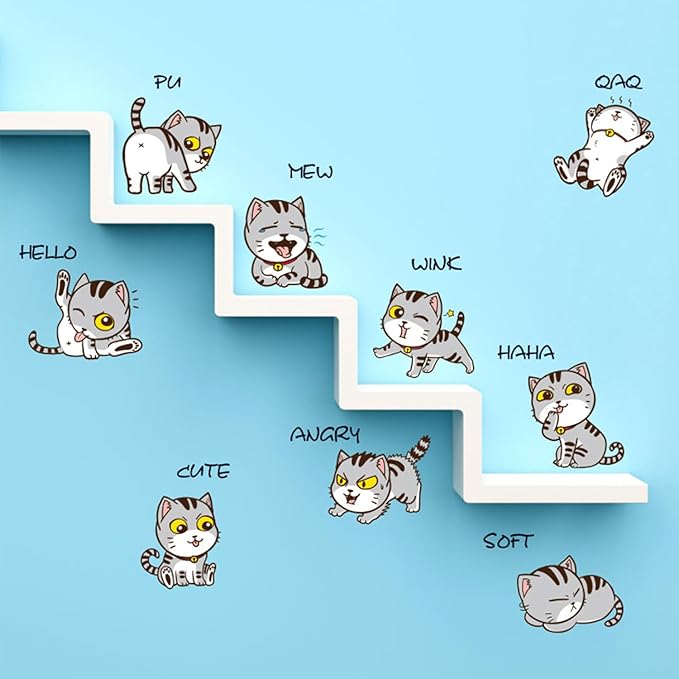 Adorable Cartoon Cat Expressions Wall Decals – Removable Vinyl Stickers with 9 Cute Emotions and Poses, Funny Cat Wall Art for Bedroom, Living Room, Office, or Home Decoration