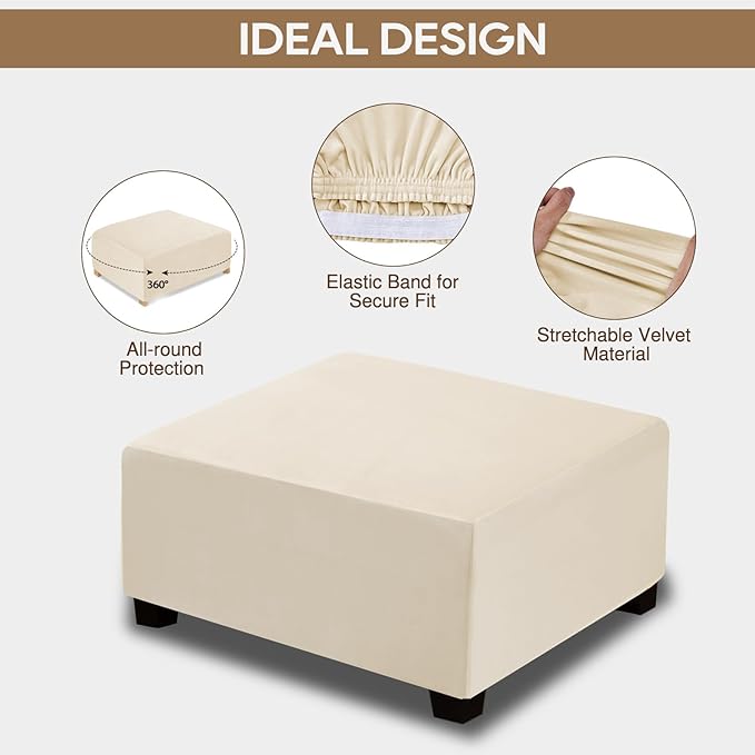 NeColorLife Ottoman Cover Square Velvet Slipcover Thick Stretchable Footrest Stool Covers with Elastic Band for Ottoman(Small Size,Cream)