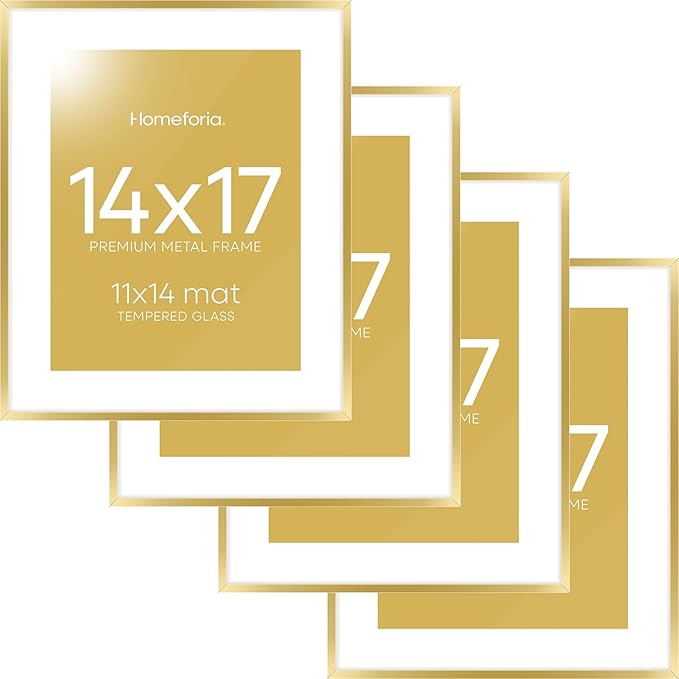 Homeforia 14x17 Picture Frame Gold, High End Metal 14x17 Poster Frames with Mat 11x14 Photo, 14 x 17 Gold Frames Matted to 11 by 14 Print, 17x14 Thin Hanging Frames, Tempered Glass, Wall Kit, Set of 4