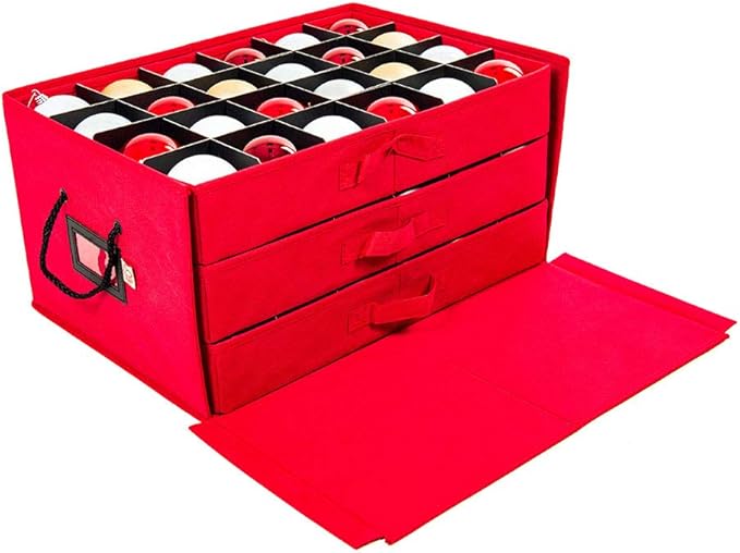 Santa's Bags [Christmas Ornament Storage Box with Dividers] - (Holds 72 Ornaments up to 3 Inches in Diameter) | Acid-Free Removable Trays with Separators | 3 Removable Drawer Style Trays
