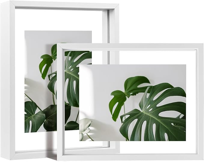 Egofine 8.5x11 Floating Frames Set of 2, Double Plexiglass Picture Frame, Made of Solid Wood Display Any Size Photo up to 8.5x11, Wall Mount or Tabletop Standing, White