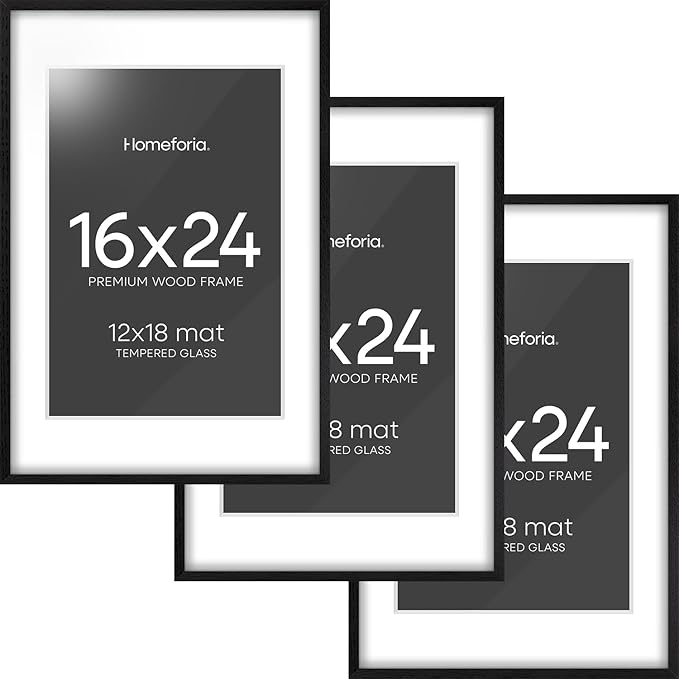 Homeforia 16x24 Black Wood Frame, High End Oak 16x24 Picture Frames with Mat 12x18 Photo, 16 x 24 Wooden Poster Frame Matted to 12 by 18 Print, 24x16 Hanging Frames, Tempered Glass, Wall Kit, Set of 3