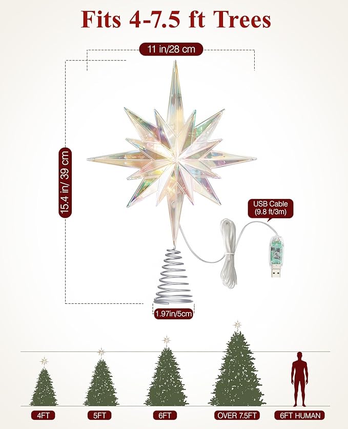 Luxspire Christmas Tree Topper, Lighted Star Tree Topper with USB Plug-in & Remote Control, 11" LED Acrylic Christmas Decorations Light, Xmas Trees Ornament for Home Party, Bethlehem Star-Warm Light