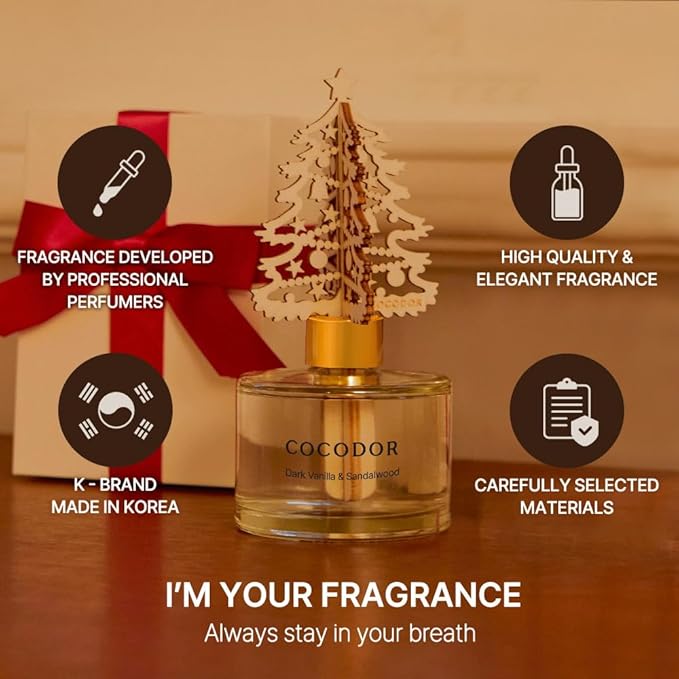 COCODOR Christmas White Tree Reed Diffuser/Snow Dark Vanilla&Sandalwood/ 6.7oz / Scent Fragrance Oil Diffuser for Bedroom Bathroom Home Decor for Xmas & Festive Winter