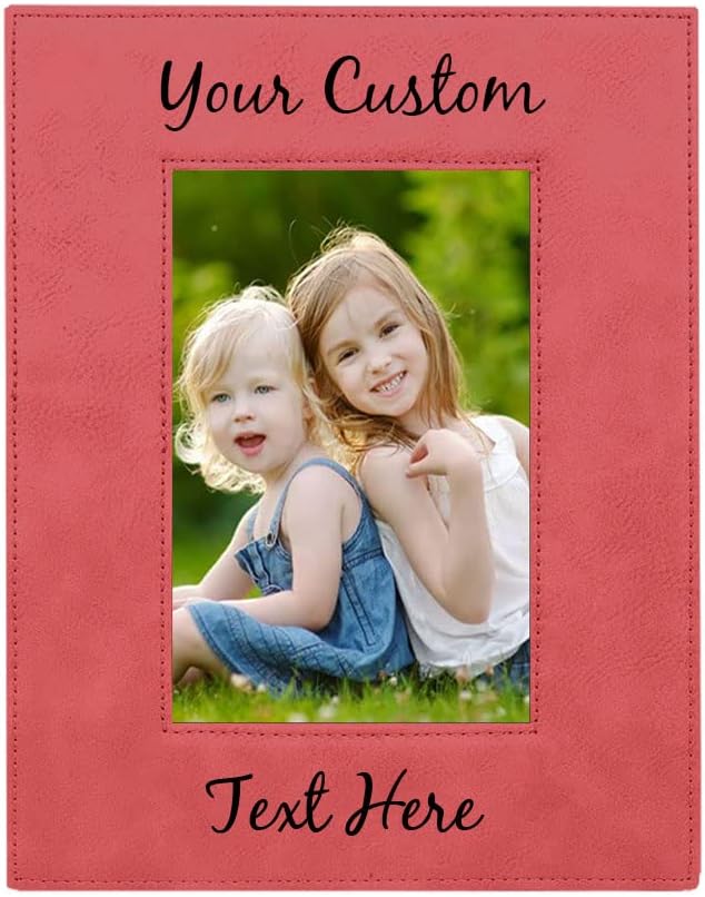 CustomGiftsNow Personalized Add Your Custom Text Engraved Leatherette Faux Leather Hanging/Tabletop Personalized Group Family Photo Picture Frame (Pink, 8x10-inch Vertical)