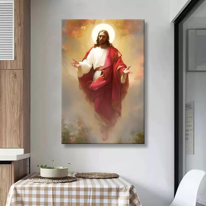 Eysintum Framed Jesus Christ Ascension Wall Art Christian Religious Canvas Print Faith Home Decor Spiritual Poster for Living Room Church Prayer Room 12x16in
