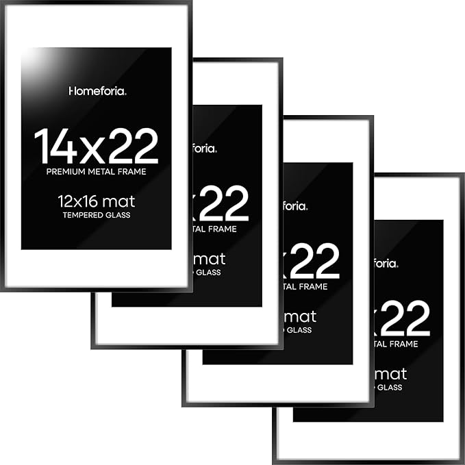 Homeforia 14x22 Picture Frame Black, High End Metal 14 x 22 Poster Frames with Mat 12 x 16 for Photo, 14x22 Black Frame Matted to 12x16 inch Print, 22x14 Thin Frame, Tempered Glass, Wall Kit, Set of 4