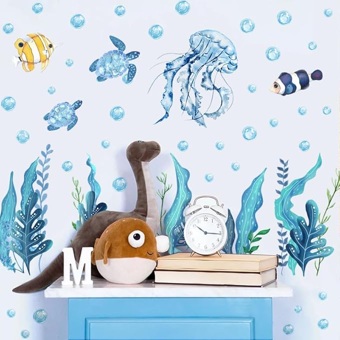94 PCS of Marine Ecological Wall Decals,Under The Sea Bathroom Decor Wall Decals,Sea Turtles,Jellyfish,Clownfish, and Aquatic Plants Create an Underwater World Atmosphere,for Children's Rooms