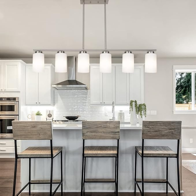 TODOLUZ 6-Lights Farmhouse Pendant Light Fixture Kitchen Island Lights with Opal White Glass Shade, Hanging Ceiling Light in Brushes Nickel for Dining Room Home Lighting