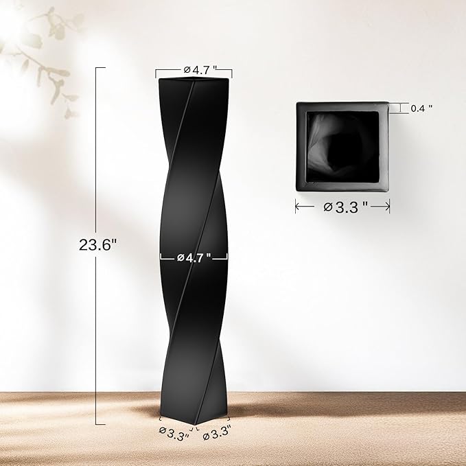 Tall Black Resin Floor Vase - 23.6 Inch Modern Square Twist Vases for Home Decor, Large Decorative Vase for Dried Flowers, Pampas Grass, Centerpiece - Matte Finish