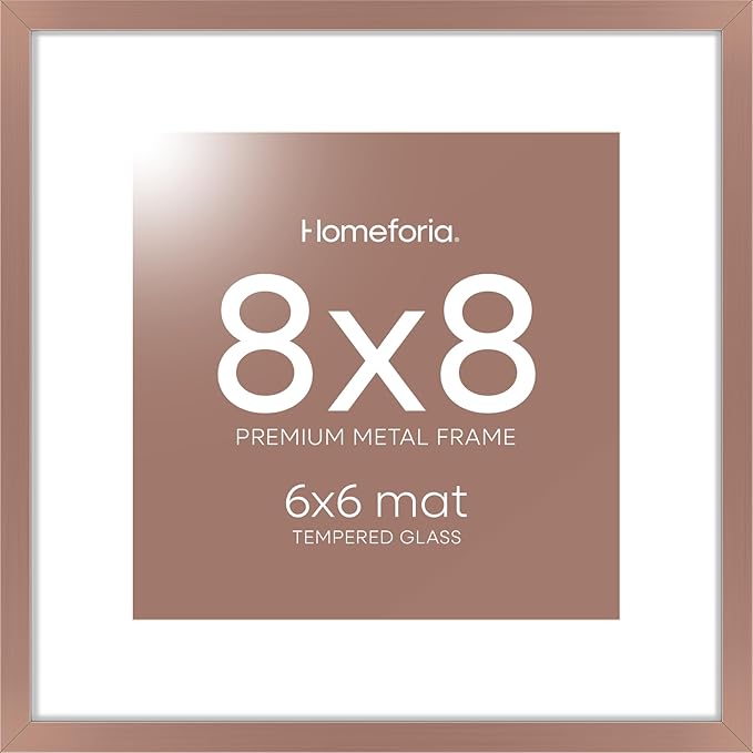 Homeforia 8x8 Mocha Picture Frame, High End Metal 8 x 8 Square Photo Frames with Mat 6 by 6, 8x8 Poster Frame Matted to 6x6 inch Print, 8by8 Wall or Tabletop Frames, Tempered Glass, Wall Kit, Set of 1