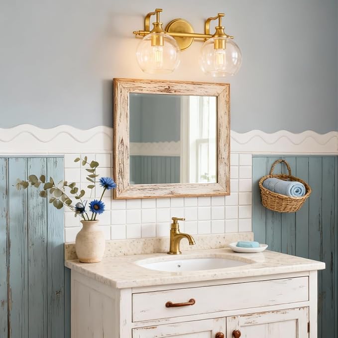 ANDY STAR Gold Bathroom Light Fixtures, 2-Light Brass Vanity Light, Modern Sconces with Globe Clear Lampshade, Farmhouse Bathroom Lighting Fixtures Over Mirror with Metal Lamp Body, E26 Base