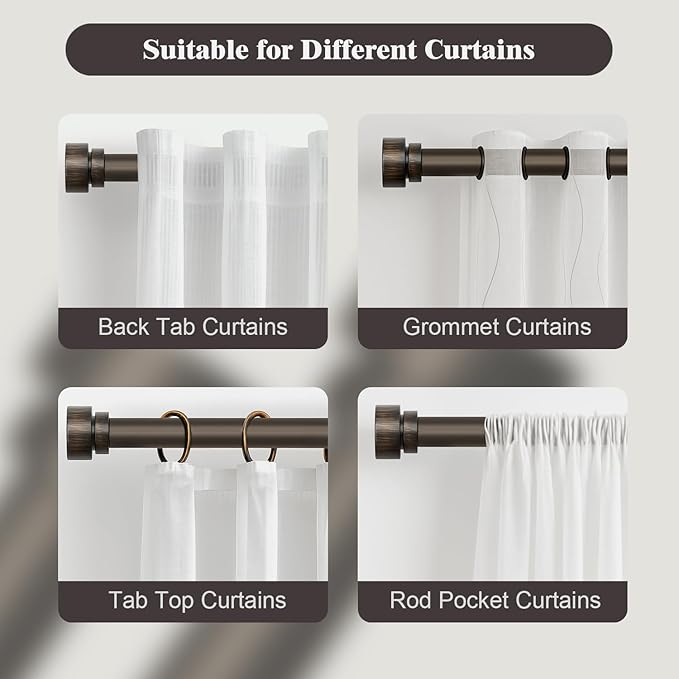 Oneach 2-Pack Heavy Duty Curtain Rods for Windows 28 to 48 Inch, 1 Inch Pole Adjustable Curtain Rod with Easy Installation and Modern Design (Antique Brown, 16 to 60 Inch)