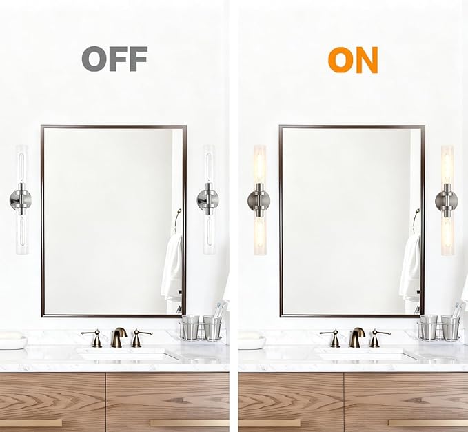 AT-VALY Wall Sconces Set of Two,Vanity Light Fixtures with Clear Glass,Modern Sconces Wall Decor for Bathroom, Living Room Mirror (Brushed Nickel)