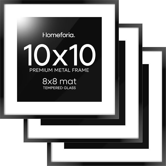 Homeforia 10x10 Black Picture Frame, High End Metal 10 by 10 Square Frames with Mat 8 x 8 Opening, 10by10 Poster Frames Matted to 8x8 Photo, Wall or Tabletop Frames, Tempered Glass, Wall Kit, Set of 3