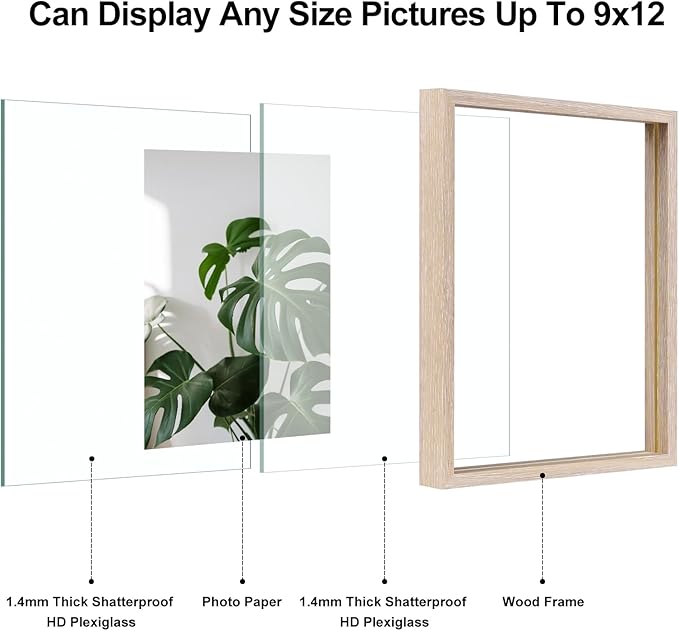 Egofine 9x12 Floating Frames Set of 2, Double Plexiglass Picture Frame, Made of Solid Wood Display Any Size Photo up to 9x12, Wall Mount or Tabletop Standing, Rose Pink