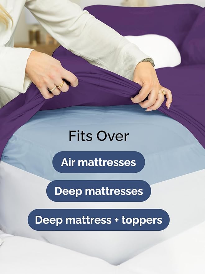 Extra Deep Split King Sheet Set - 7 Piece Breathable and Cooling Sheets - Hotel Luxury Bed Sheets Set - Easy Fit - Soft, Wrinkle Free and Comfy Sheets Set - Purple Sheet Set with Extra Deep Pockets