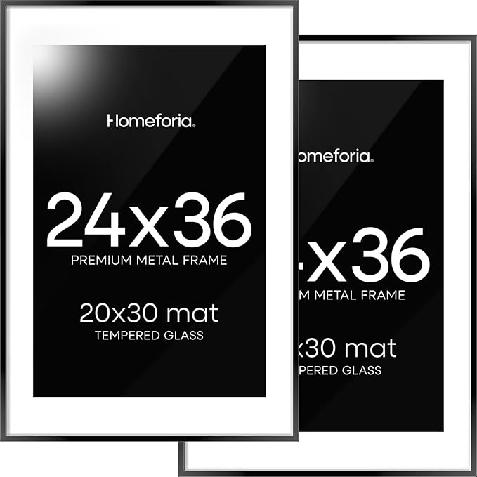 Homeforia 24x36 Picture Frame Black, High End Metal 24 x 36 Large Poster Frames with Mat 20 by 30 inch Photo, 24x36 Thin Frame Matted to 20x30 in Print, 36x24 Frame, Tempered Glass, Wall Kit, Set of 2