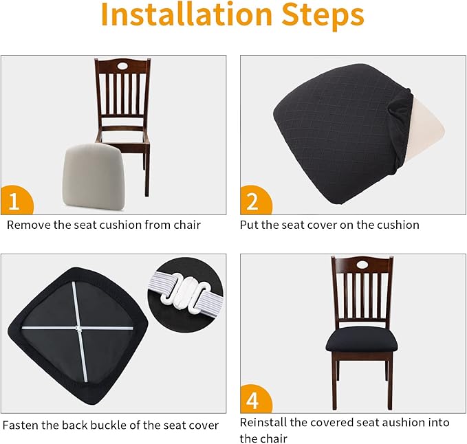Fuloon Waterproof Seat Cushion Covers 6 PCS, Stretch Jacquard Chair Seat Covers Washable Dining Room Chair Slipcovers Removable Kitchen Cushion Protector (6, Waterproof-Black)