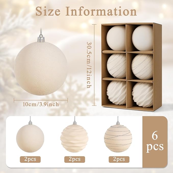 Artmag 6Pcs Velvet Christmas Ornaments Balls Sets for Christmas, Plastic Shatterproof Xmas Tree Flocked 3.94 inch Ornaments Balls for Winter Holiday Decor (Beige)