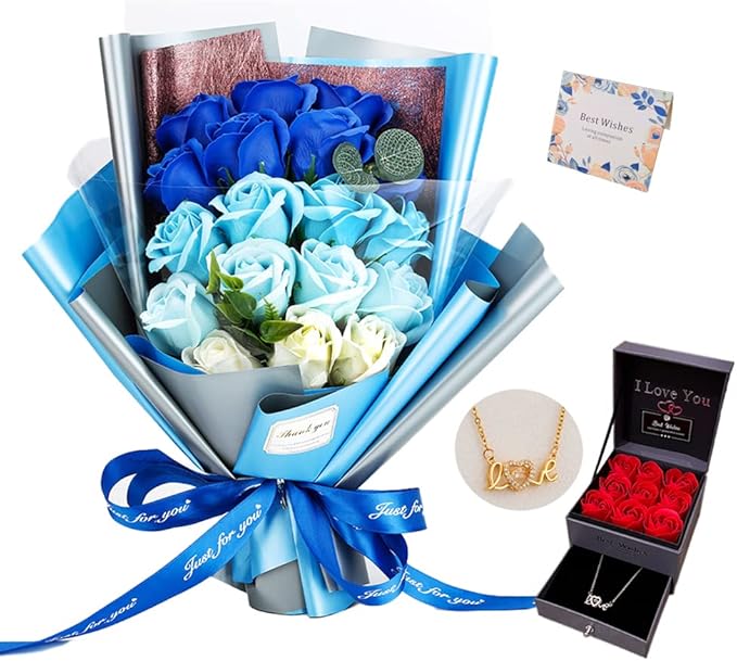 EIGHTOWN Roses Bouquet Artificial Flower - Preserved Blue Rose Flowers with Love Necklace for Her - Unique Gifts Valentine's Day, Mother's Day, Thanksgiving, Birthday, Anniversary