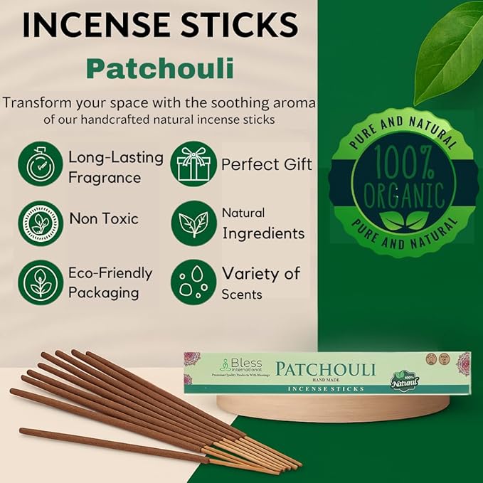 Bless-Patchouli 100%-Natural-Handmade-Hand-Dipped Organic-Chemicals-Charcoal-Free Purification-Relaxation-Positivity-Yoga-Meditation Best-Woods-Scent (100 Sticks (5.25 OZ))