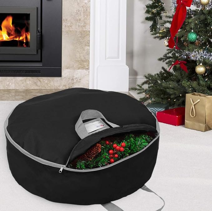 Primode Heavy Duty Christmas Wreath Storage Bag 24"- Garland Wreaths Container with Handles - Durable 600D Oxford Polyester Material Holiday Wreaths Storage Holder 24” (Black)