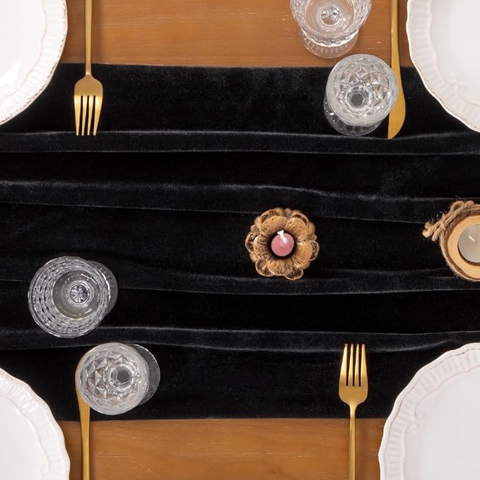 Socomi Black Velvet Valentine's Day Table Runner Cloth Decor 20 x 120 Inches 10ft Fabric Luxurious Thanksgiving Wedding Runner for New Year Bridal Shower