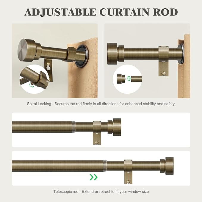 Oneach 2-Pack Antique Bronze Curtain Rods for Windows 48 to 84 Inch, 1 Inch Pole Adjustable Curtain Rod with Easy Installation and Modern Design (16 to 88 Inch)