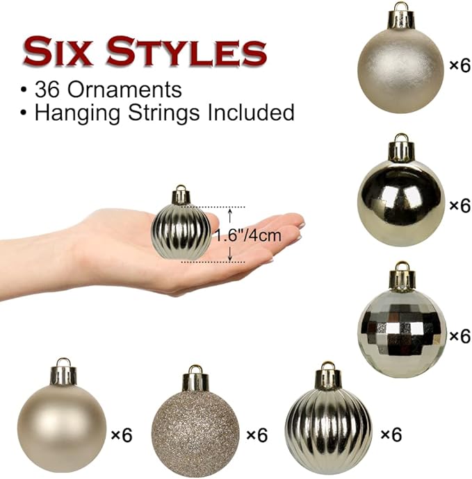 1.57" Champagne Christmas Ornaments for Christmas Tree 36 Pcs Mini Shatterproof Balls Christmas Tree Decorations Small Xmas Ornaments Ball with Hanging Loop for Wedding Holiday Party Wreath Home Decor