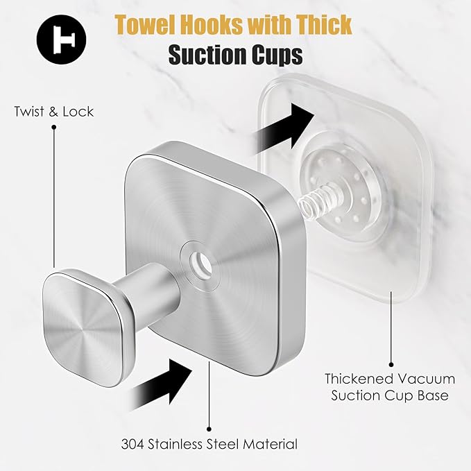 Suction Cup Hooks for Shower, Heavy Duty Bathroom Hooks for Glass, Tile & Smooth Surfaces to Hang Towels, Robes & Coats, Reusable Metal Hooks – Silver (4 Pack)