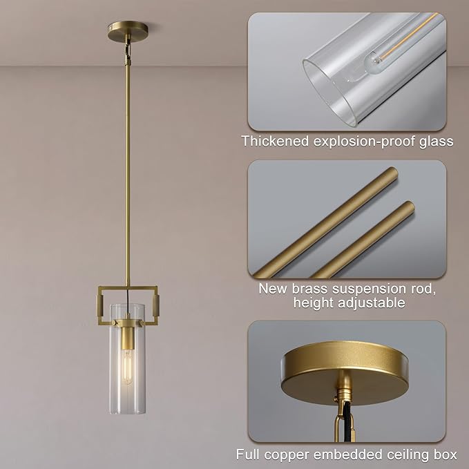 Modern Brass Pendant Lights 2 Pack, 12Inch Glass Farmhouse Island Lighting for Kitchen, Dining Room, Bathroom, and Bedroom