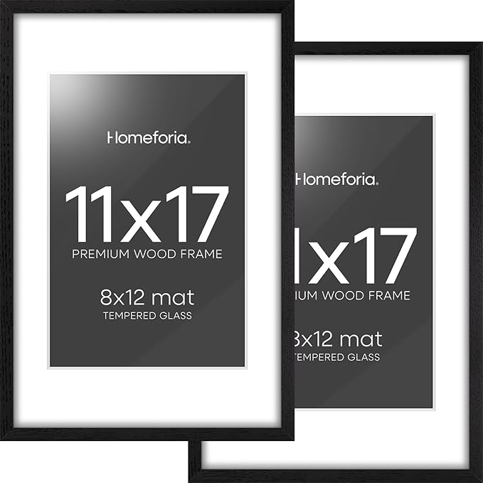 Homeforia 11x17 Picture Frame Black Wood, High End Oak 11x17 Poster Frames with Mat 8x12, 11 x 17 Wooden Frame Matted to 8 x 12 inch Photo, 17x11 Thin Hanging Frame, Tempered Glass, Wall Kit, Set of 2